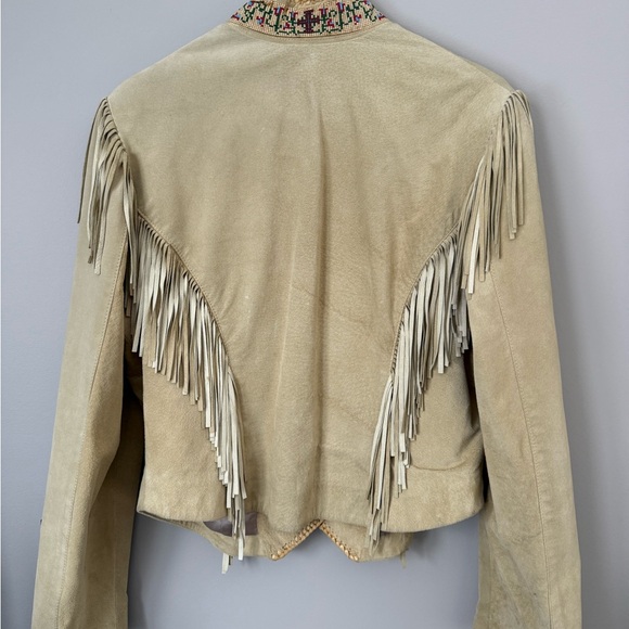 Vintage 90’s Overland Suede Fringe Jacket Beaded Collar Bone Detail USA Women 14 - Picture 3 of 15